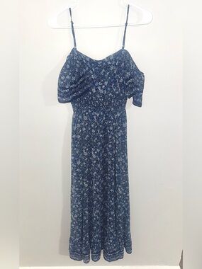Boho Blue Floral Smocked Waist Dress Spaghetti Strap Cold Shoulder Small Medium